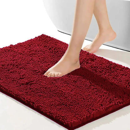 Red Soft Cozy Chenille Bath Mat Absorbent Bathroom Rug