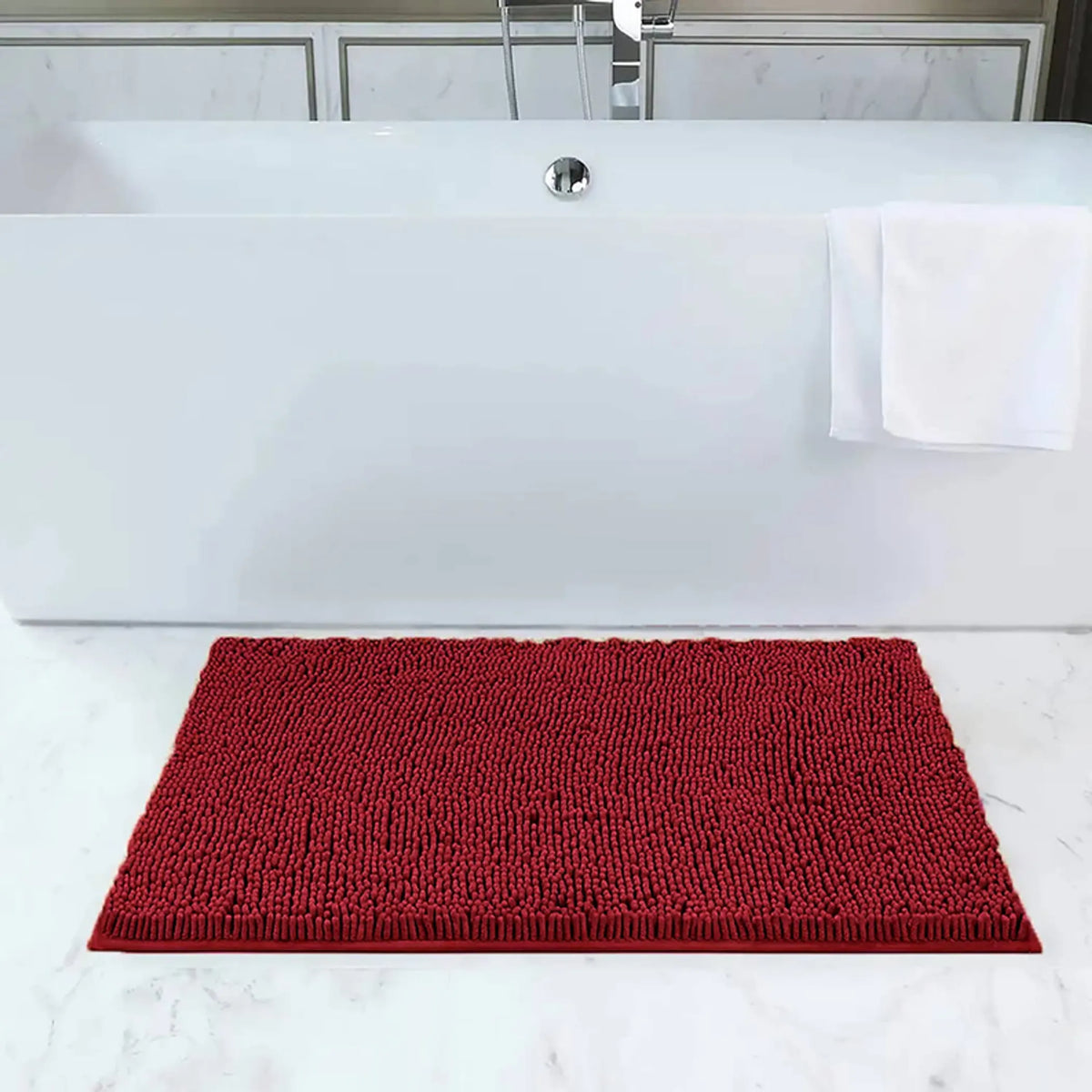 Red Soft Cozy Chenille Bath Mat Absorbent Bathroom Rug