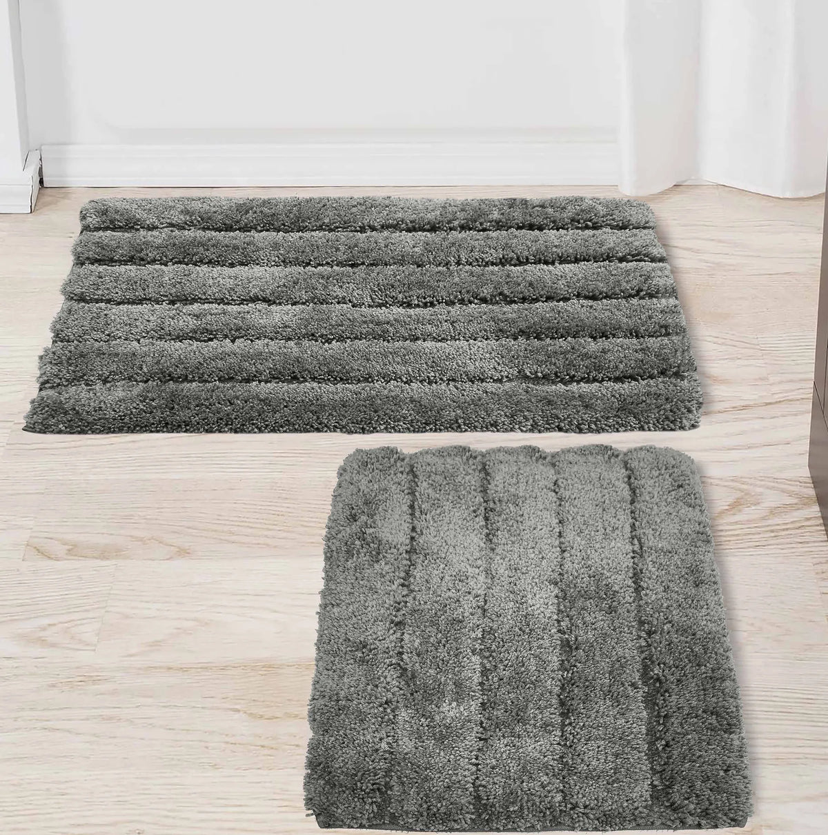 2 Piece Bath Mat Set - Charcoal Grey Solid Striped Soft Plush