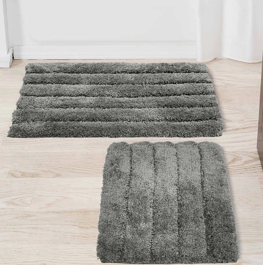 2 Piece Bath Mat Set - Charcoal Grey Solid Striped Soft Plush