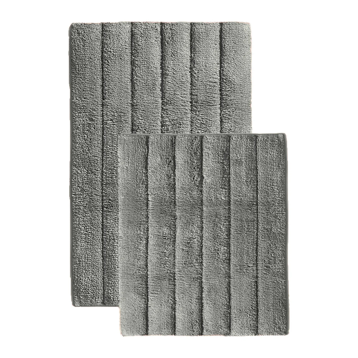 2 Piece Bath Mat Set - Charcoal Grey Solid Striped Soft Plush