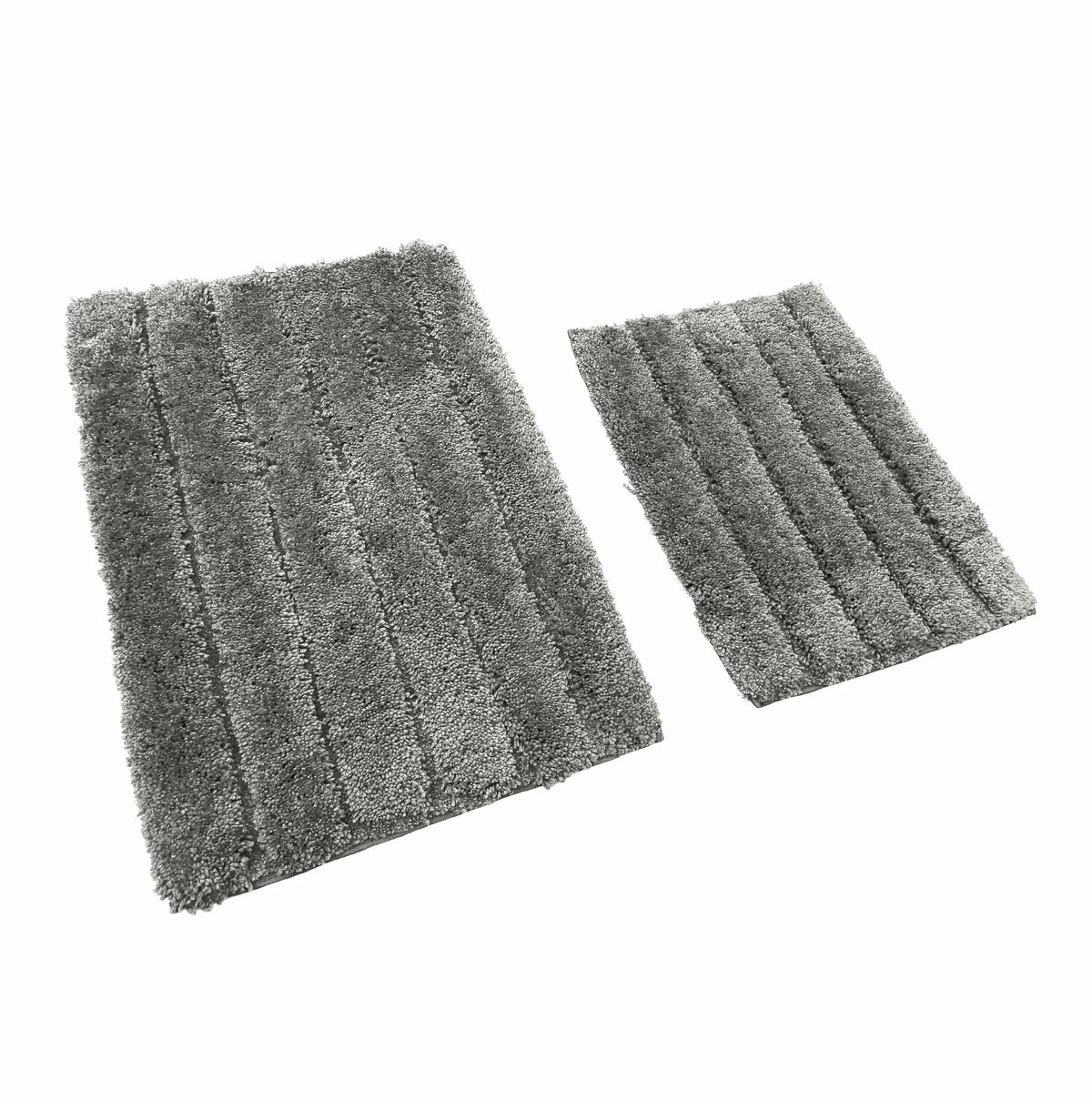 2 Piece Bath Mat Set - Charcoal Grey Solid Striped Soft Plush