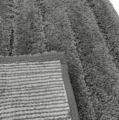 2 Piece Bath Mat Set - Charcoal Grey Solid Striped Soft Plush