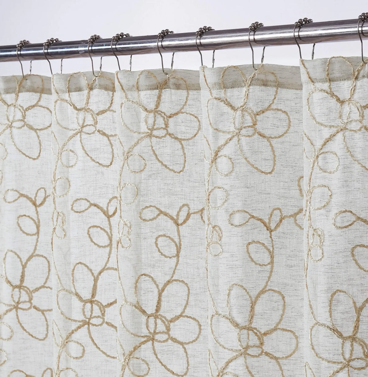 Tan and White Floral Embroider Shower Curtain