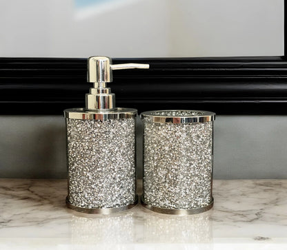 Two Piece Clear and Silver Glass and Metal Bling Bathroom Accessory Set