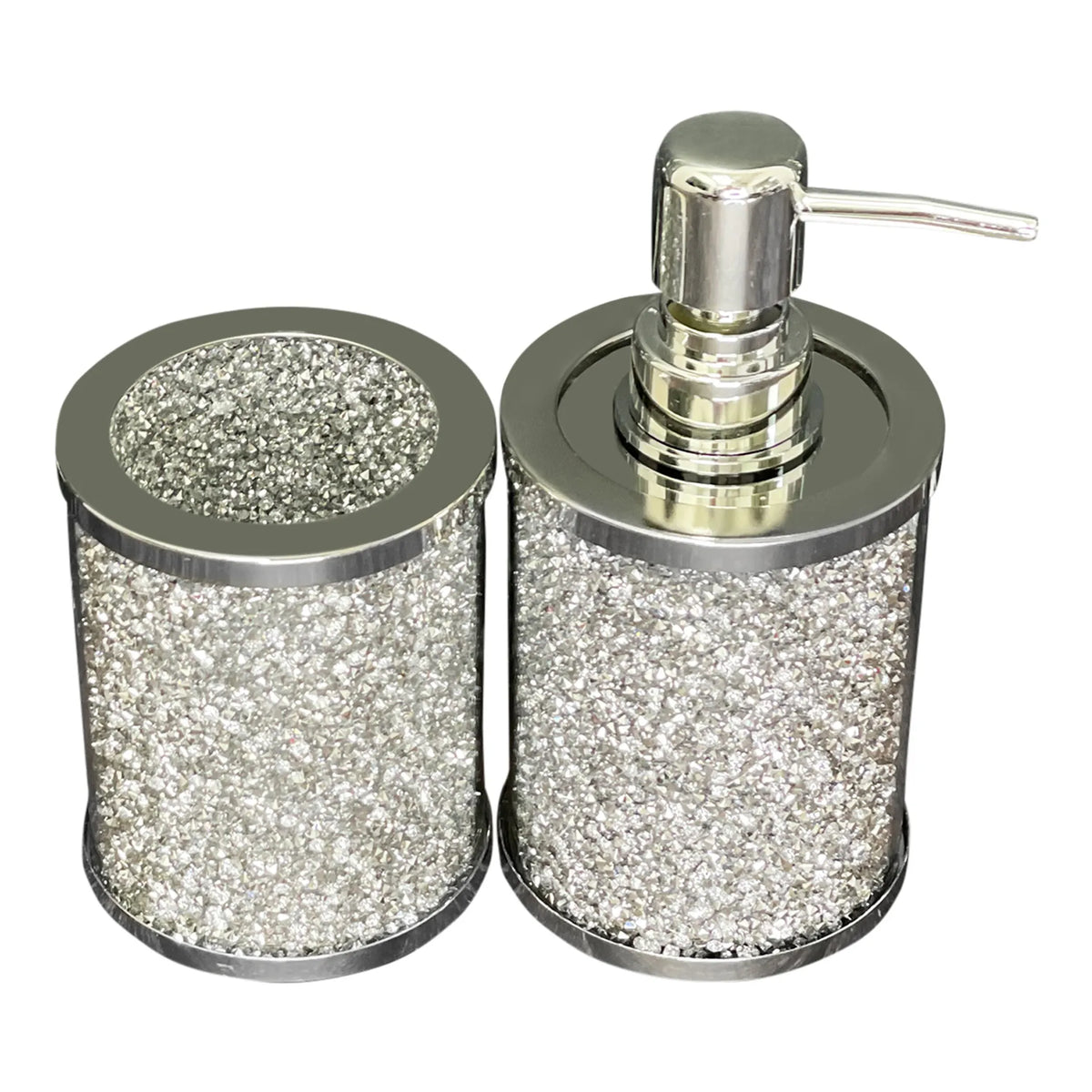 Two Piece Clear and Silver Glass and Metal Bling Bathroom Accessory Set
