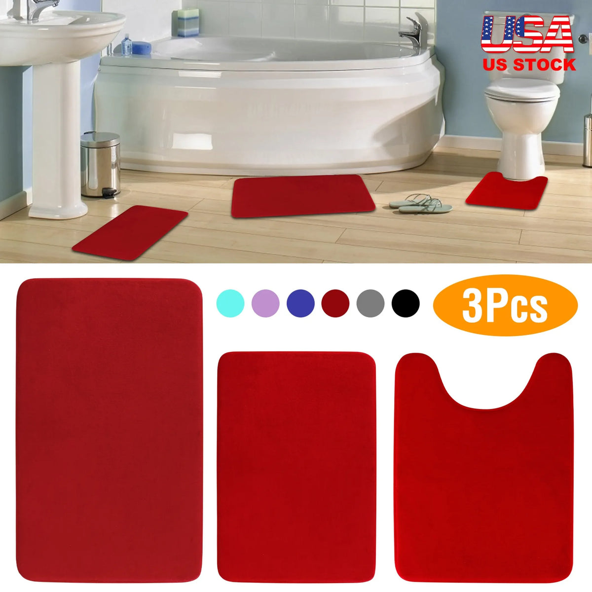 3Pcs Bathroom Rug Set