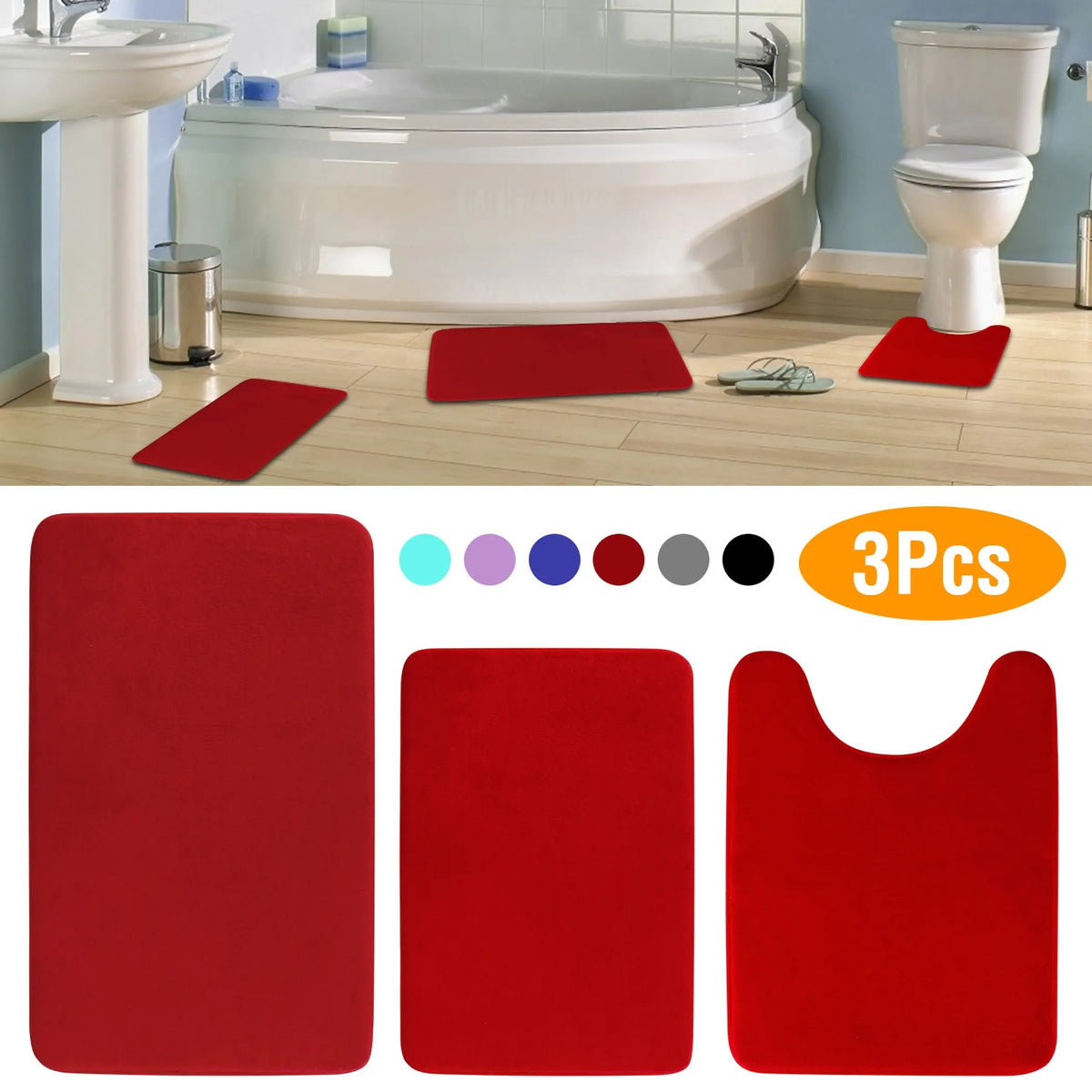 3Pcs Bathroom Rug Set