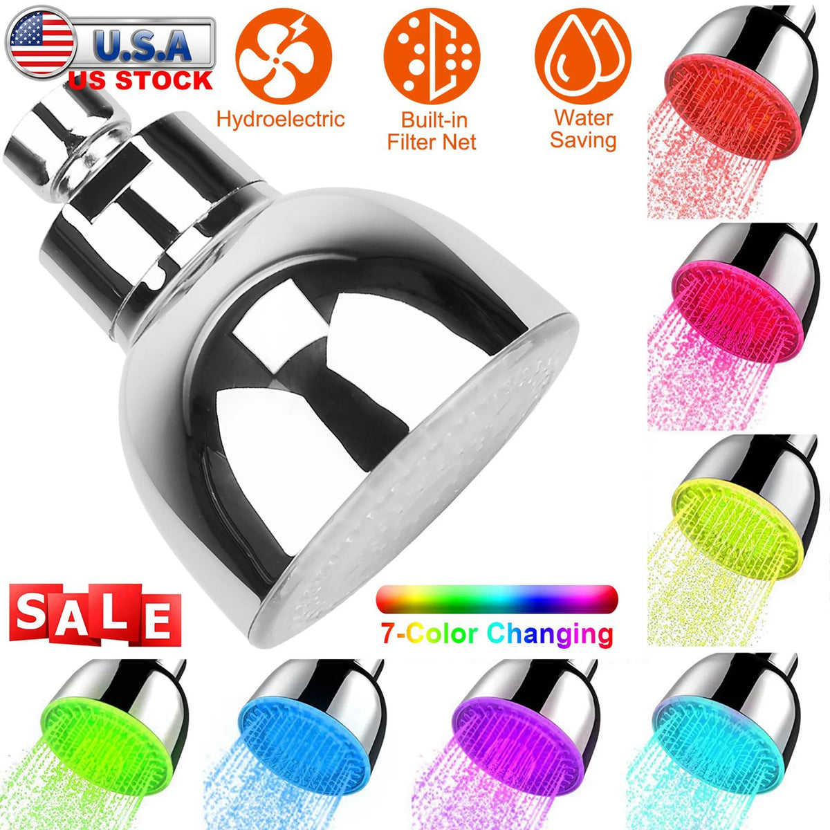 LED Shower Head 7-Color Changing Rainfall Showerhead