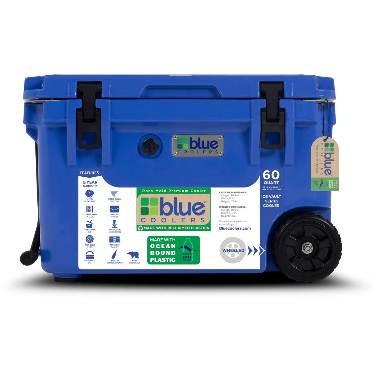 Blue Coolers Ocean Bound Reclaimed Plastics 60 Quart Roto-Molded Cooler with Wheels