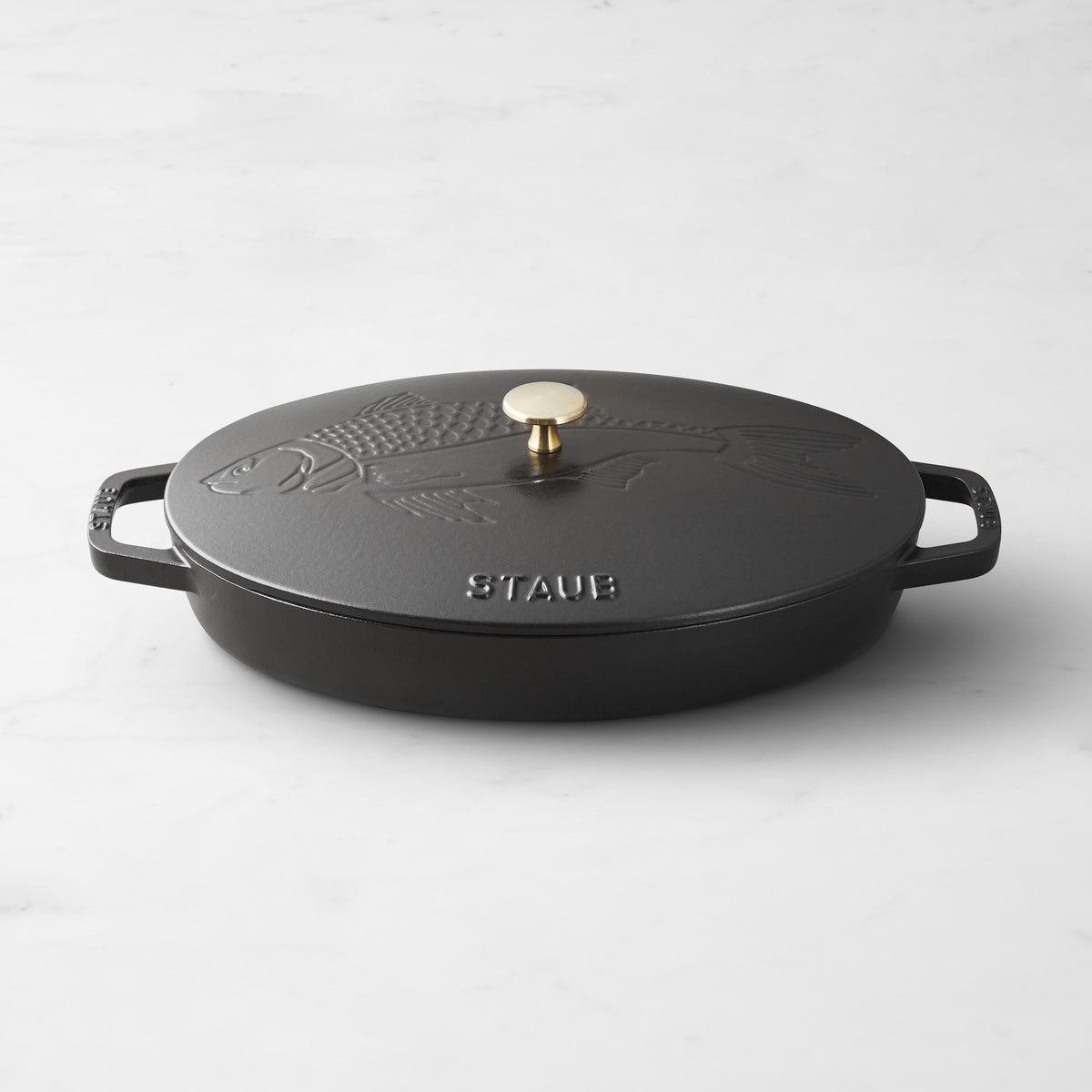 Staub Enameled Cast Iron Oval Gratin with Sea Bass Embossed Lid, 2.25 Qt.
