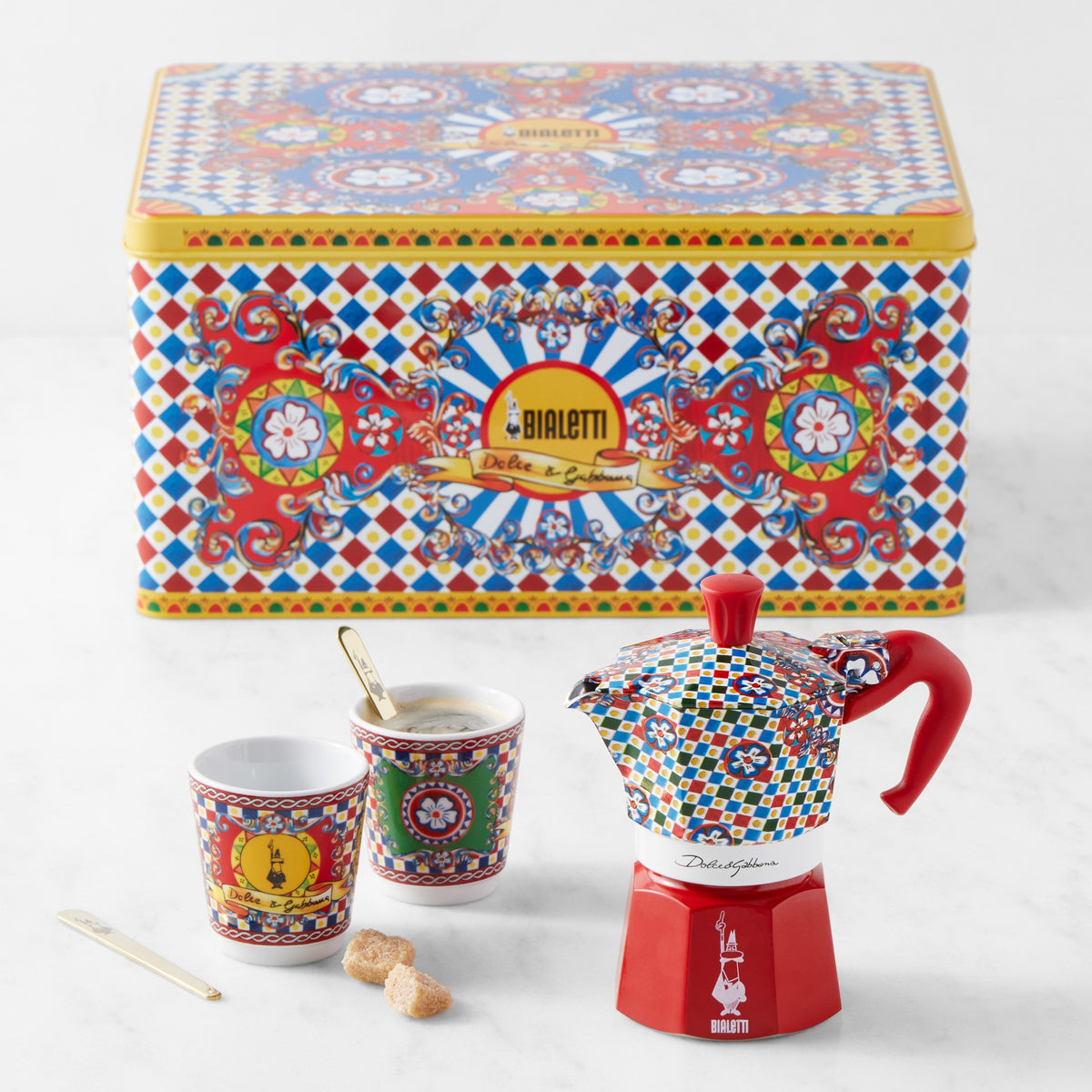 Bialetti Moka Dolce &amp; Gabbana 2-Cup + 2 Espresso Cups &amp; Stirrers Gift Set, Carretto